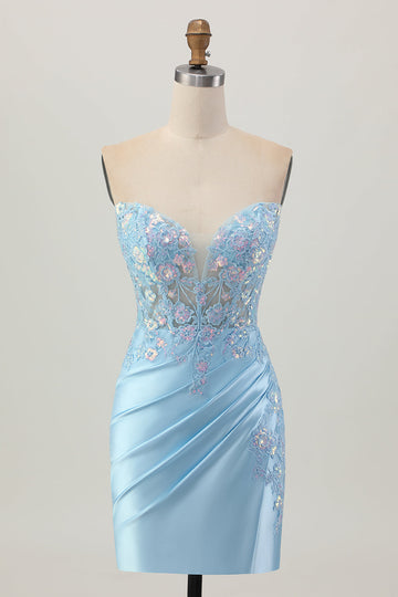 Light Blue Bodycon Strapless Corset Ruched Sequins Short Homecoming Dress